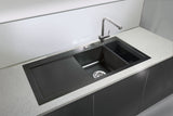 SYSTEMCERAM Einbauspüle Mera 100 F Be. Li. Nigra 87 inkl. Excenterbetätigung, für 60 cm Schrankbreite, Spüle zum flächenbündigen Einbau, inkl. 4 x Eckradien R 10 Auflage Becken links 55770287