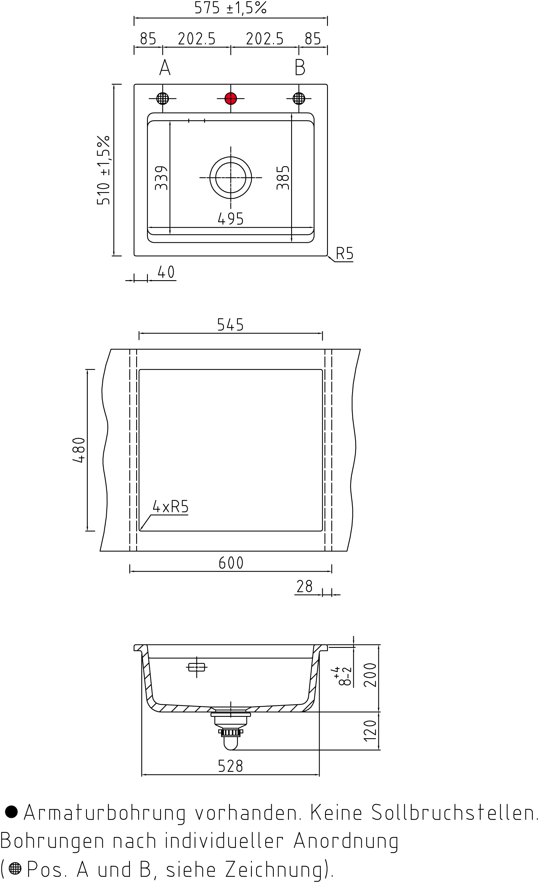 SYSTEMCERAM Einbauspüle Kara 57 Alu 76 inkl. Excenterbetätigung, für 60 cm Schrankbreite, Einbauspüle mit Medio-Matte Alu Auflage keine Beckenlage 50020276