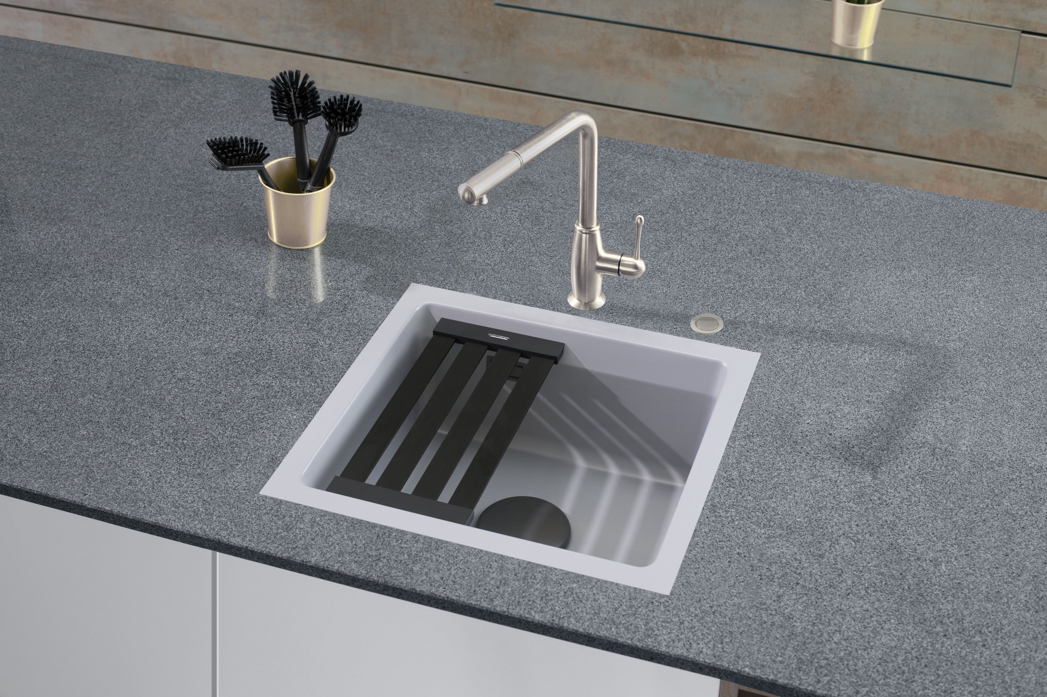 SYSTEMCERAM Einbauspüle Kara 51 F/o Eibe 56 inkl. Handbetätigung, für 50 cm Schrankbreite, Spüle zum flächenbündigen Einbau ohne Hahnlochbank, mit Medio- Matte Alu, inkl. 4 x Eckradien R 10 Flächenbündig keine Beckenlage 51030156