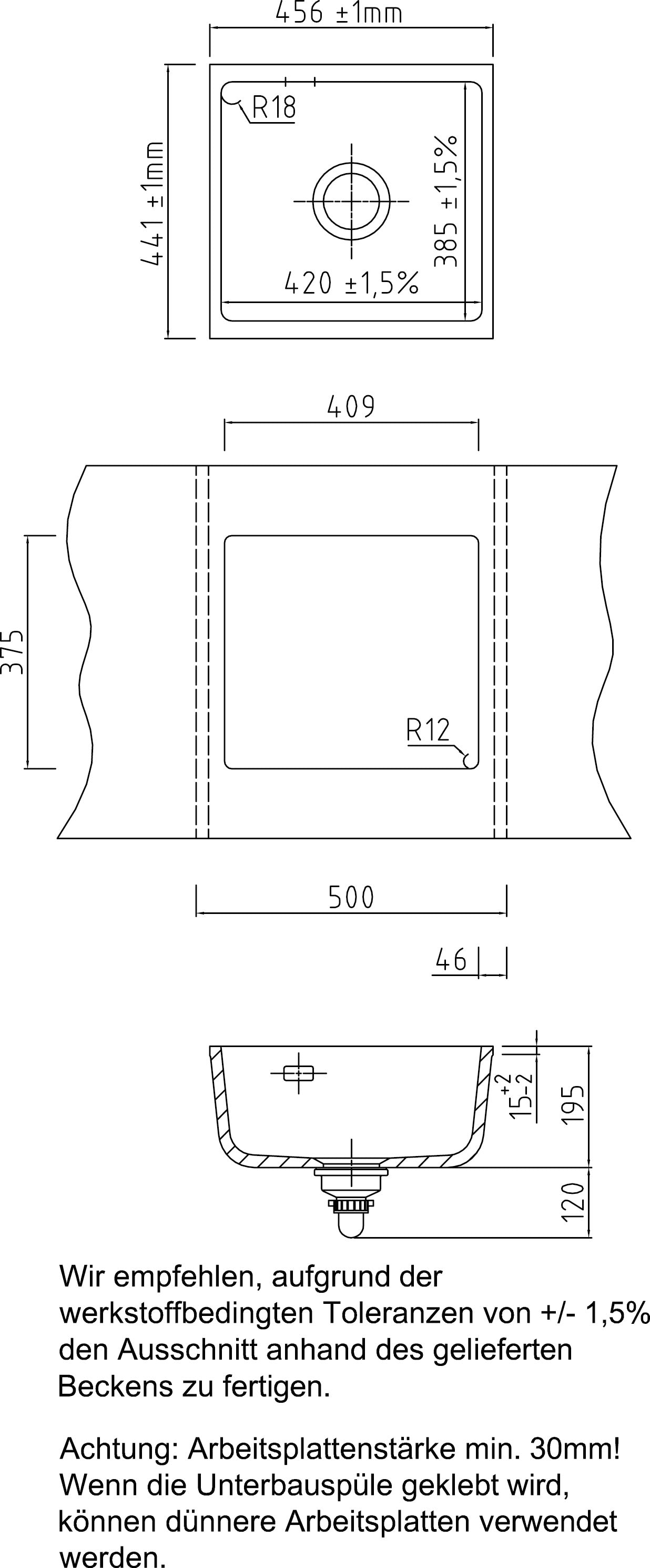 SYSTEMCERAM Einbauspüle Mera 42 U / g Polar 13 inkl. Excenterbetätigung, für 50 cm Schrankbreite, Spüle zum Unterbau mit geschliffener Oberseite Unterbau keine Beckenlage 54010213