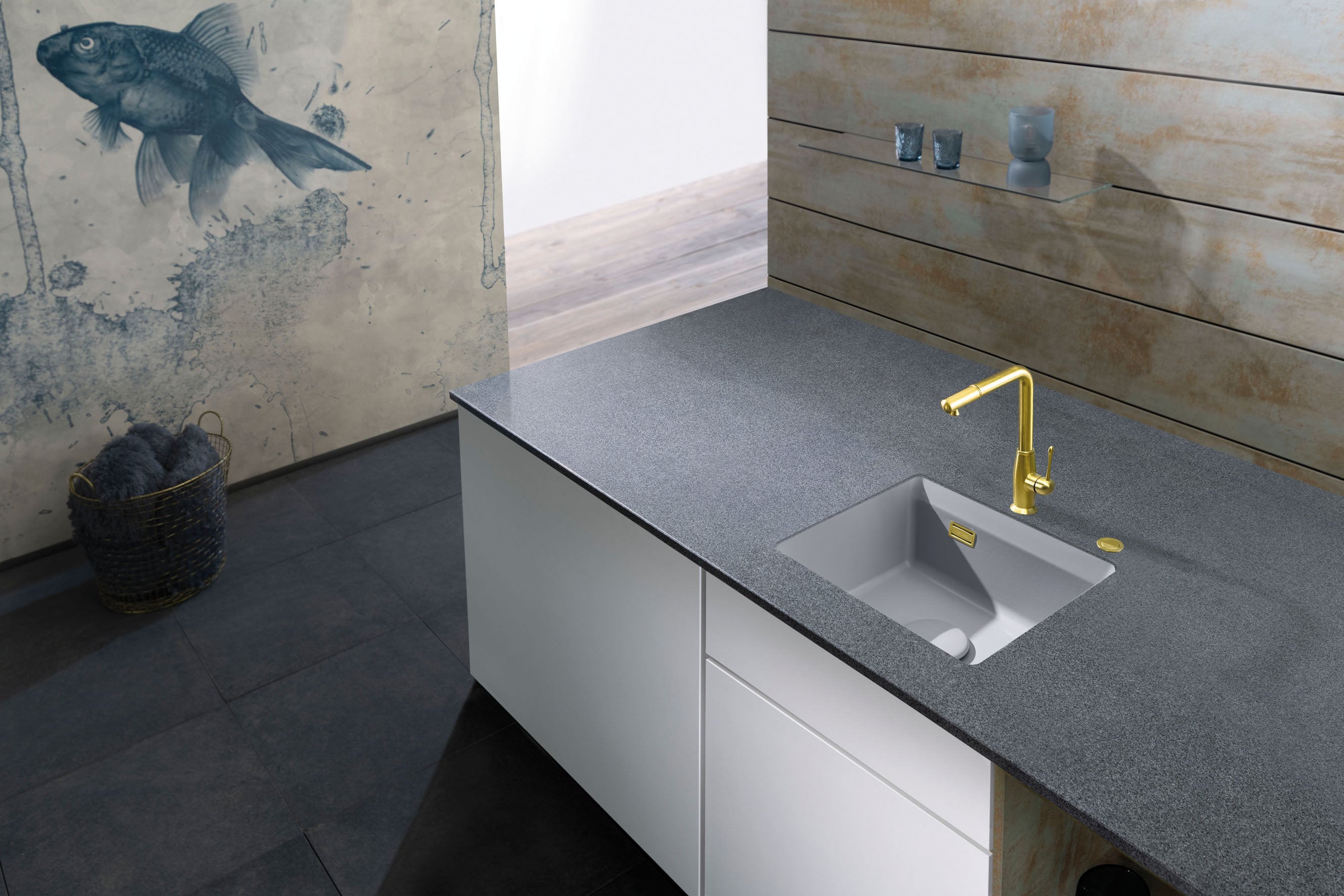 SYSTEMCERAM Einbauspüle Kara 42 U/g Lava 80 inkl. Excenterbetätigung, für 50 cm Schrankbreite, Spüle zum Unterbau mit geschliffener Oberseite, mit Medio-Matte Alu Unterbau keine Beckenlage 54030280