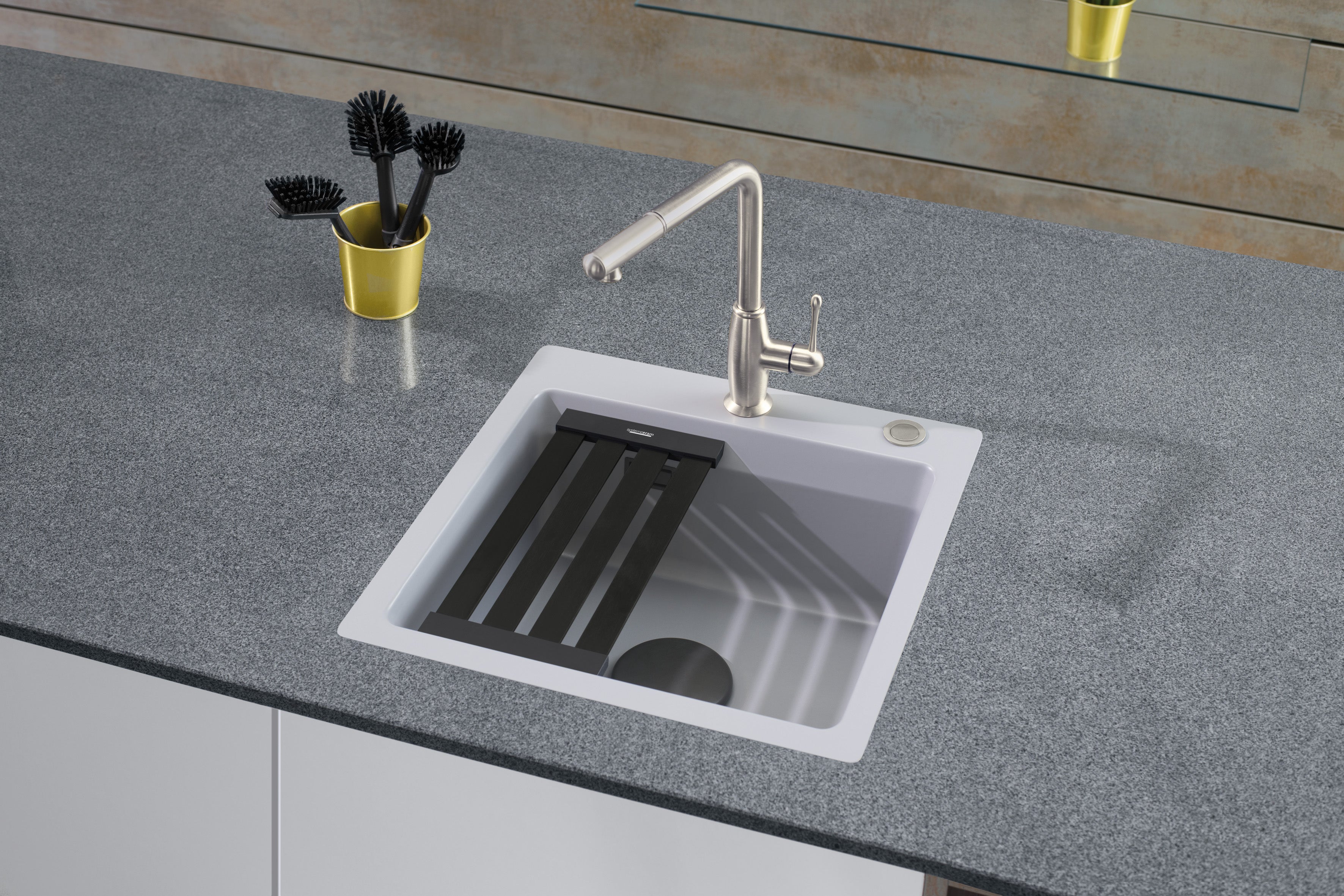 SYSTEMCERAM Einbauspüle Kara 51 F Magnolie 10 inkl. Excenterbetätigung, für 50 cm Schrankbreite, Spüle zum flächenbündigen Einbau mit Medio-Matte Alu, inkl. 4 x Eckradien R 10 Auflage keine Beckenlage 55030210