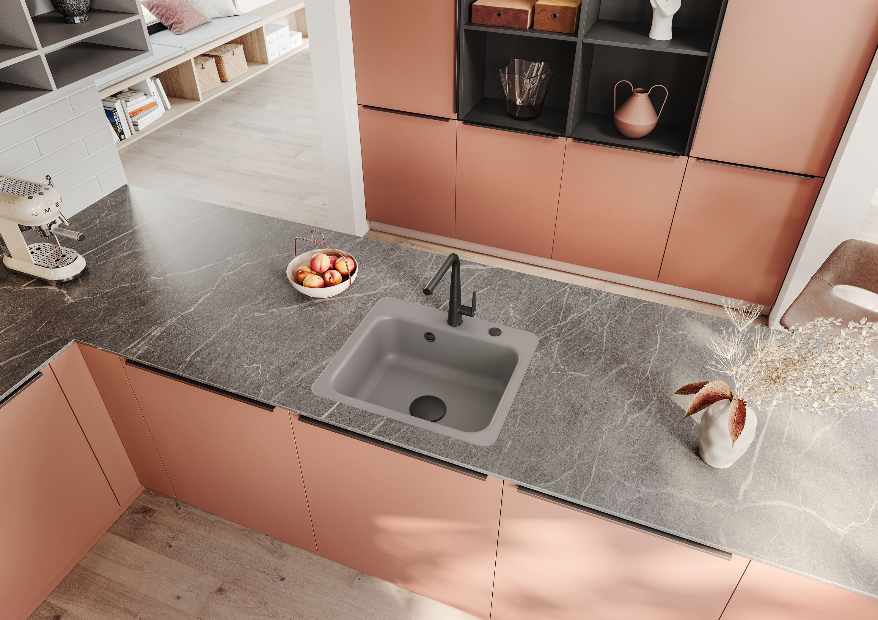 SYSTEMCERAM Einbauspüle Juna 57 F Fango 23 inkl. Excenterbetätigung, für 60 cm Schrankbreite, Spüle zum flächenbündigen Einbau Auflage keine Beckenlage 55040223