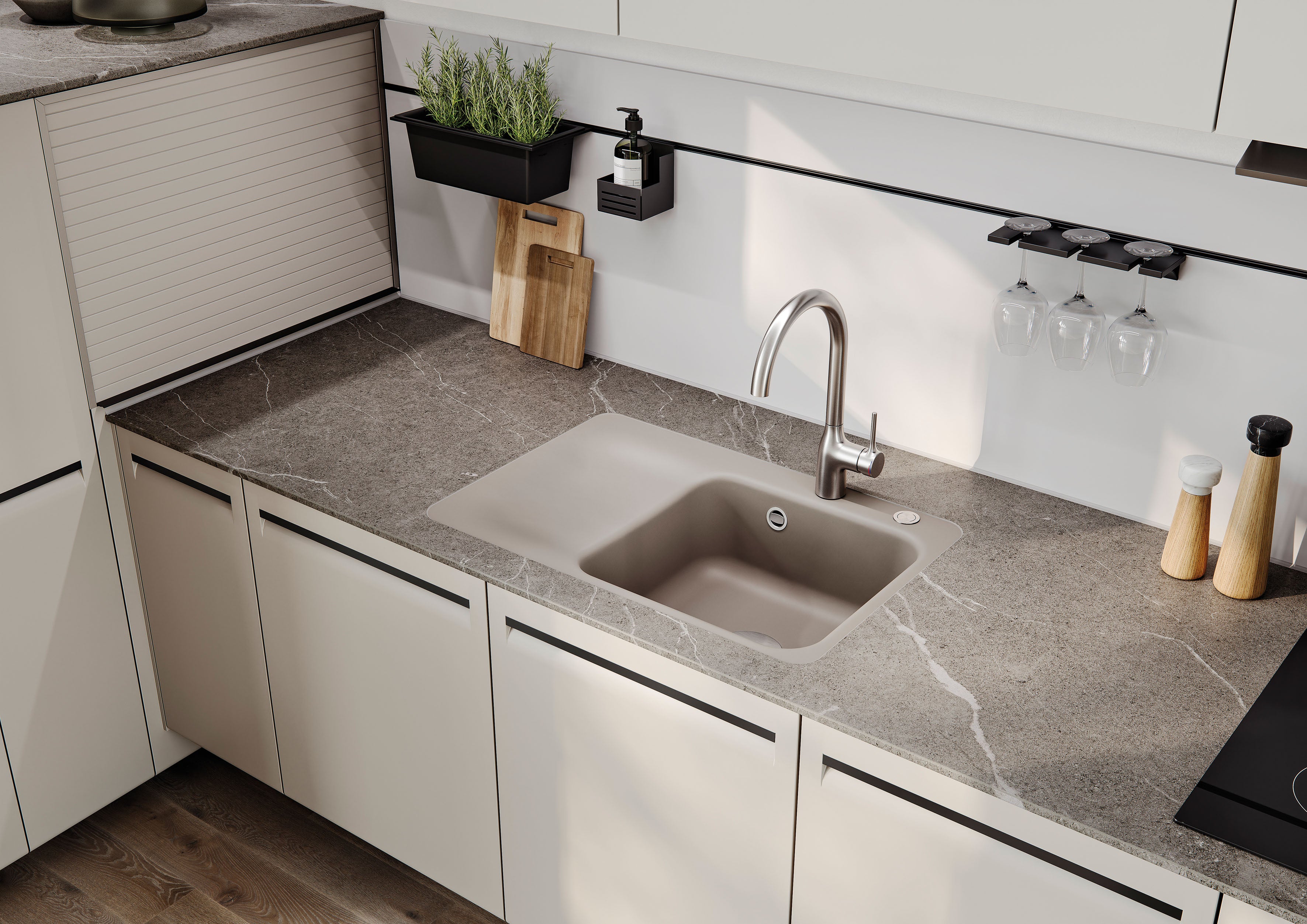 SYSTEMCERAM Einbauspüle Juna 75 F Be. Li. Nigra 87 inkl. Handbetätigung, für 50 cm Schrankbreite, Spüle zum flächenbündigen Einbau Auflage Becken links 55130187