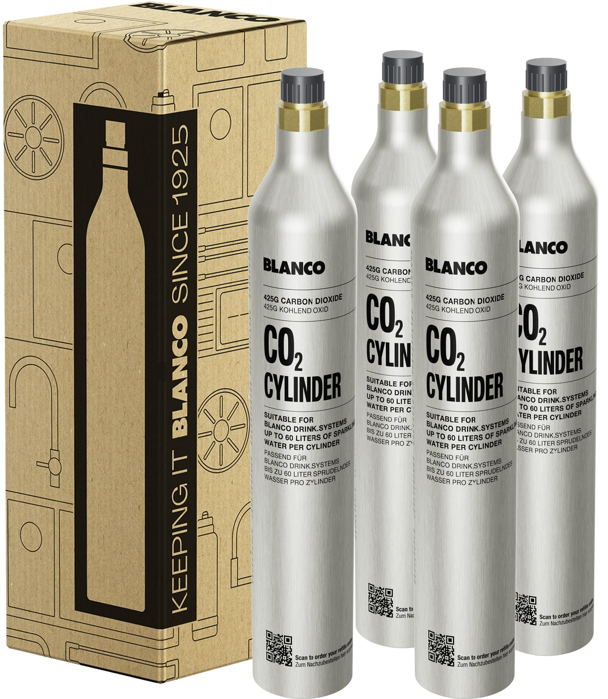 Refill CO2-Zylinder 4er Set Voraussetzung für die Bestellung des BLANCO Soda Refill ist die einmalige Bestellung des BLANCO Soda Starterkits. 526139