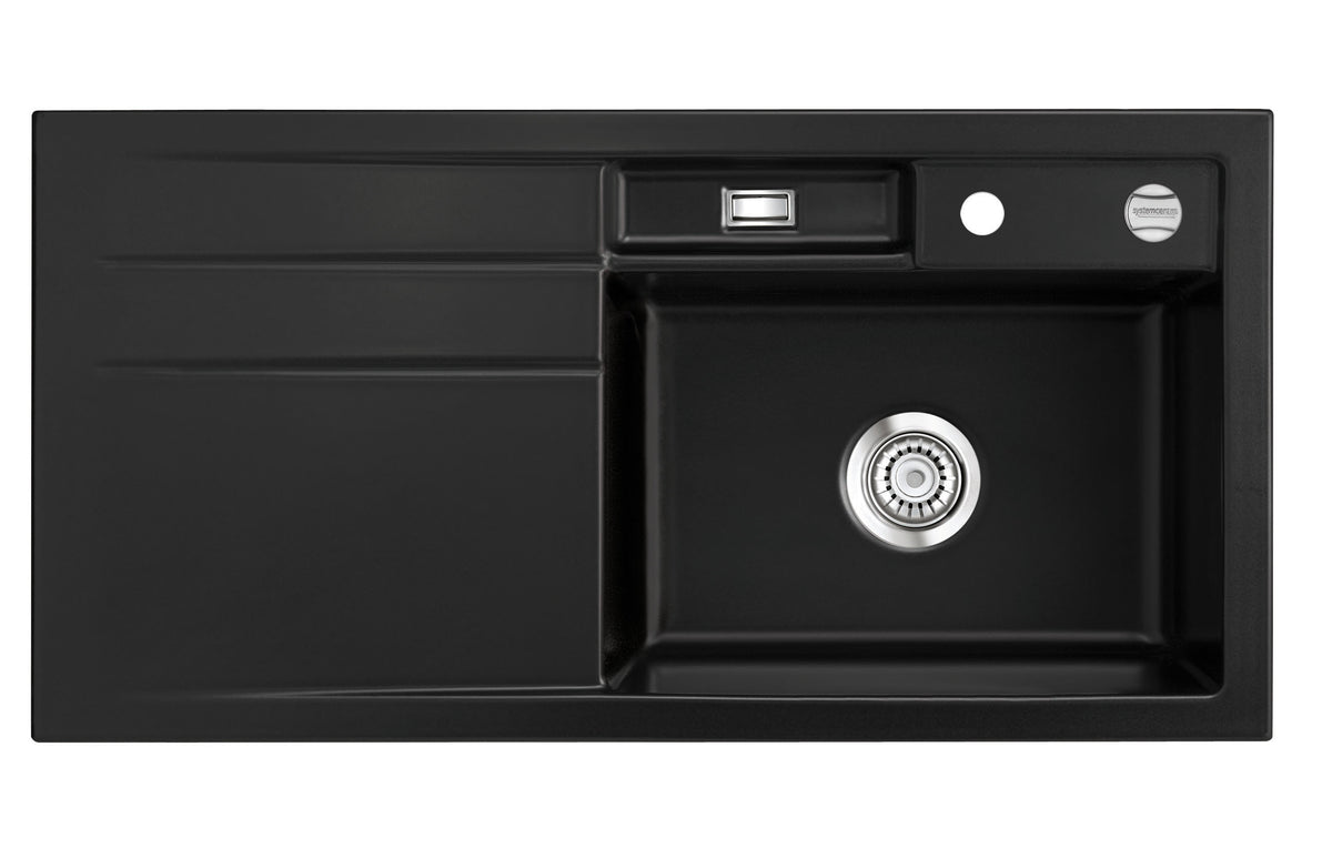 SYSTEMCERAM Einbauspüle Bela 100 F Be. Re. Nigra 87 inkl. Handbetätigung, für 60 cm Schrankbreite, Spüle zum flächenbündigen Einbau, inkl. 4 x Eckradien R 10 Auflage Becken rechts 55200187