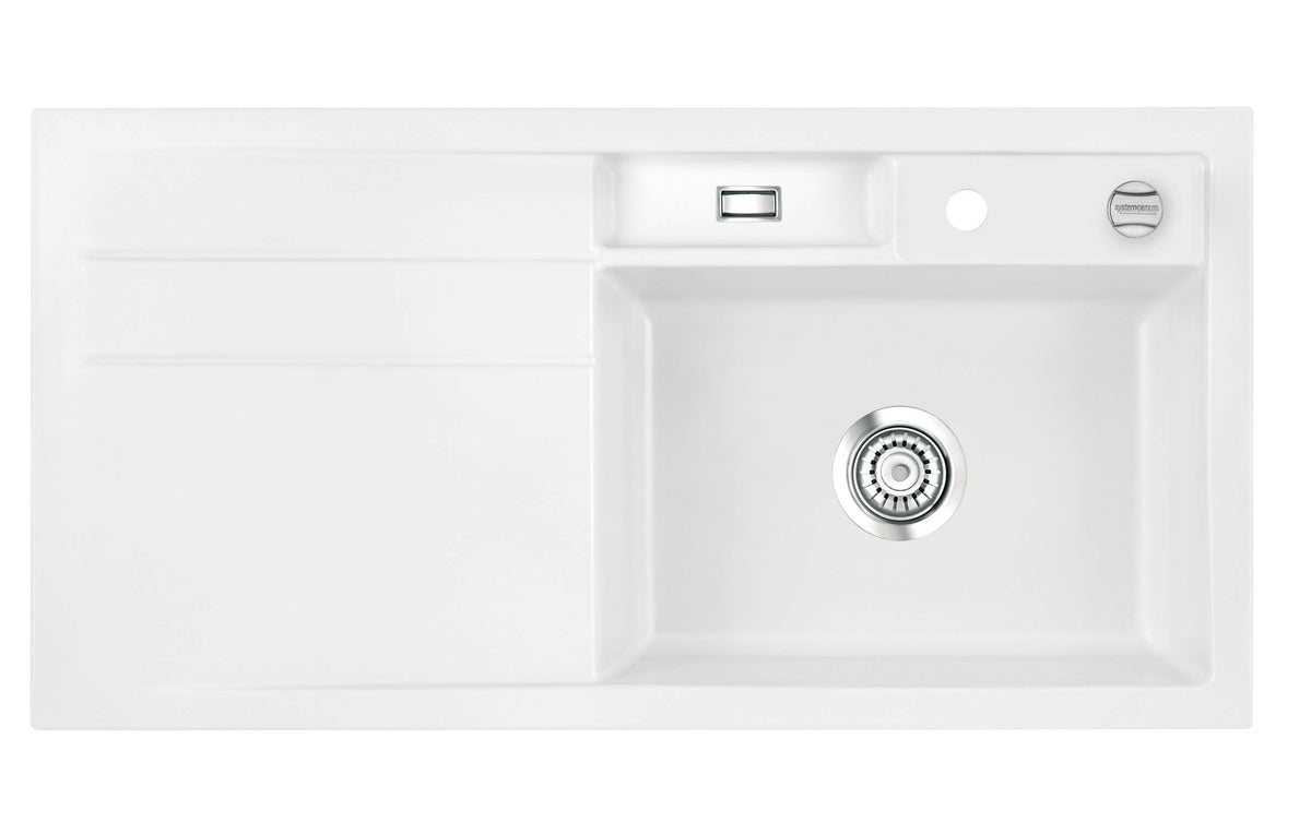 SYSTEMCERAM Einbauspüle Bela 100 F Be. Re. Polar 13 inkl. Handbetätigung, für 60 cm Schrankbreite, Spüle zum flächenbündigen Einbau, inkl. 4 x Eckradien R 10 Auflage Becken rechts 55200113
