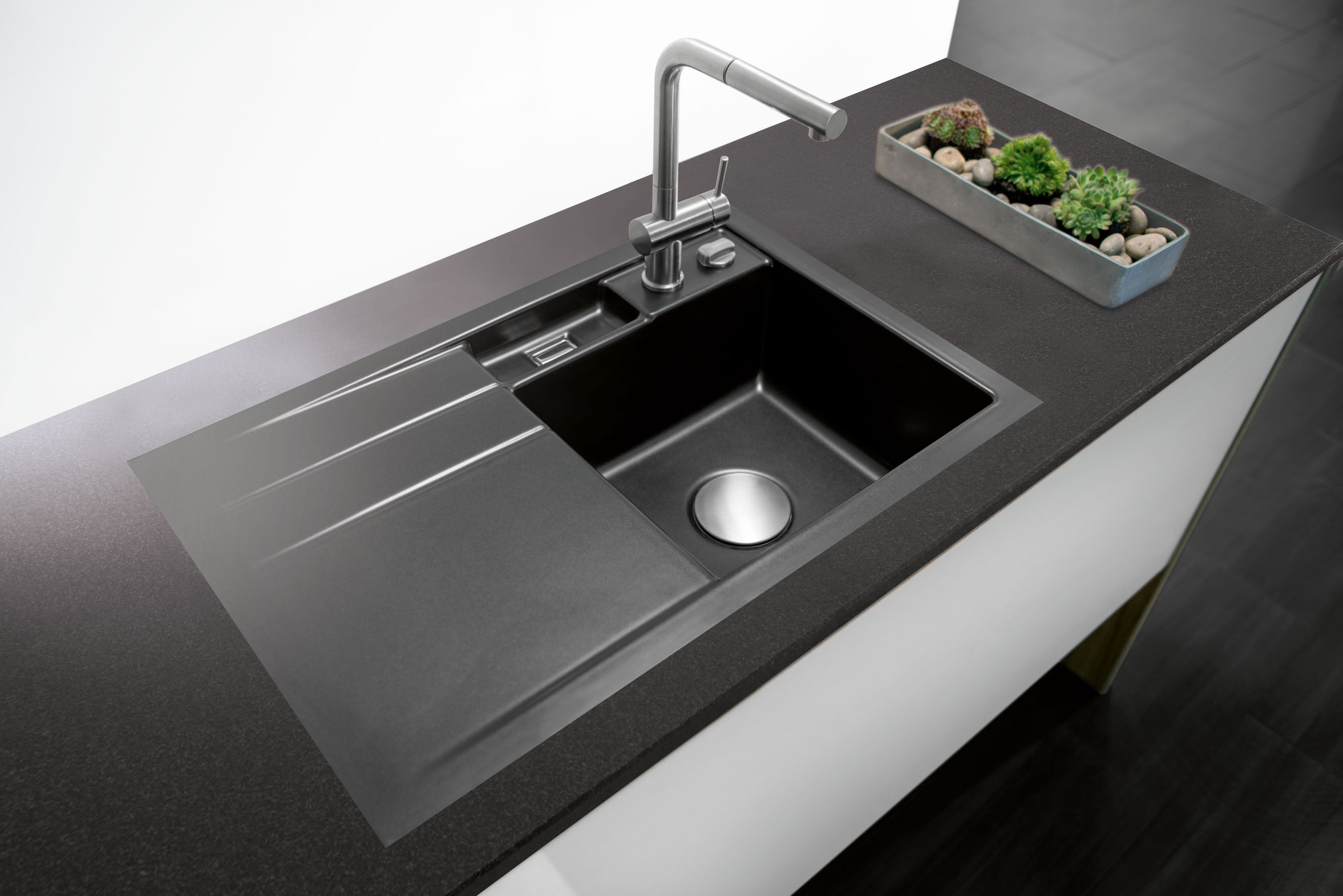 SYSTEMCERAM Einbauspüle Bela 78 F Be. Li. Fango 23 inkl. Excenterbetätigung, für 45 cm Schrankbreite, Spüle zum flächenbündigen Einbau, inkl. 4 x Eckradien R 10 Auflage Becken links 55190223