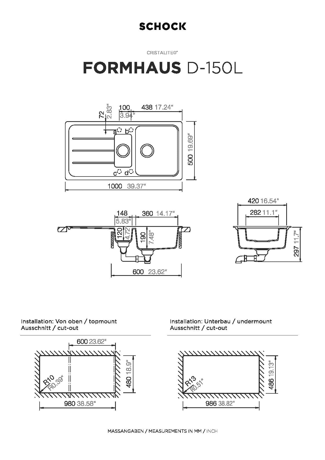 SCHOCK Spüle Auflage Formhaus D-150L-A Cristalite Onyx FOMD150LAGON