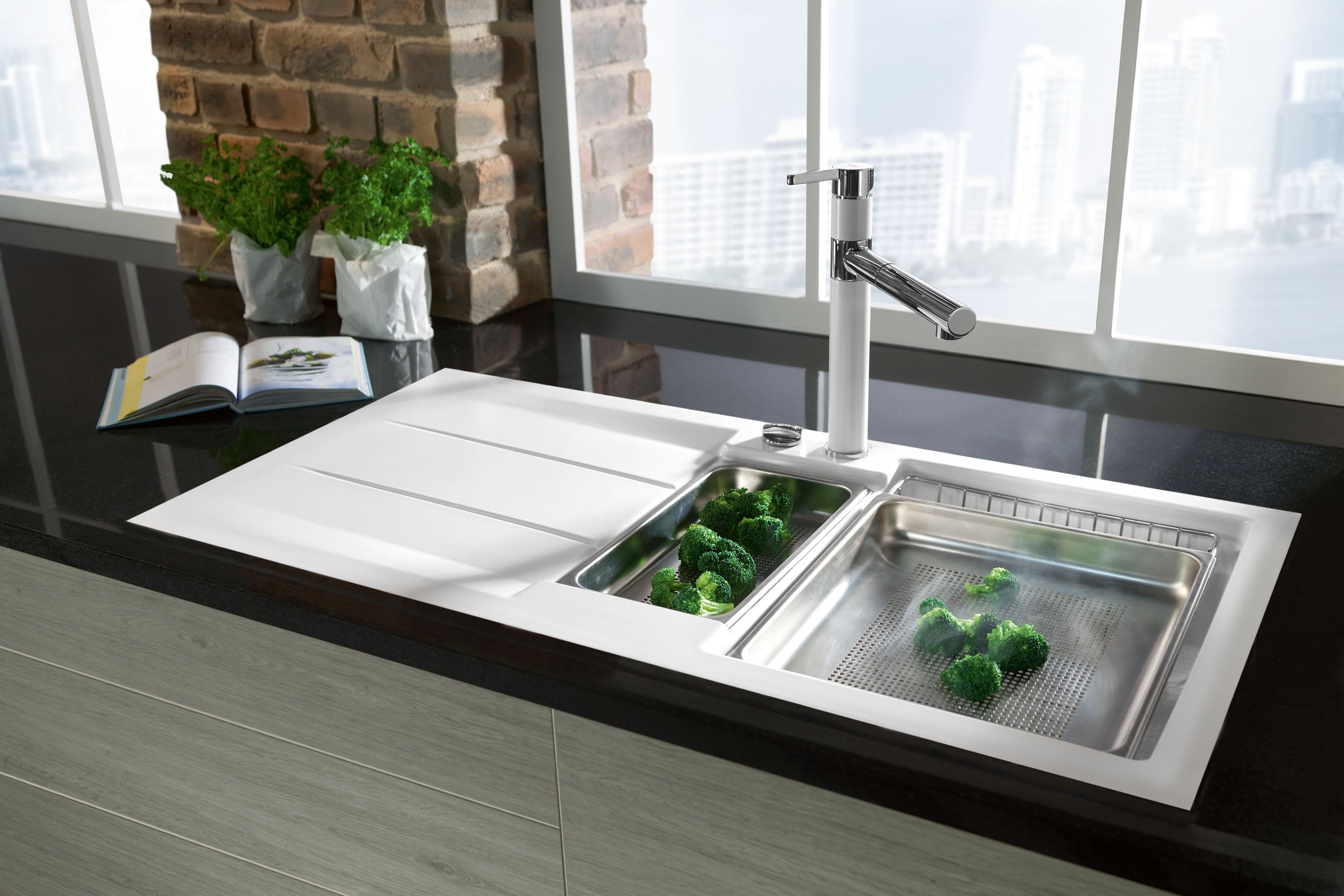 SYSTEMCERAM Einbauspüle Genea 100 F Fango 23 inkl. Excenterbetätigung, für 60 cm Schrankbreite, Spüle zum flächenbündigen Einbau, inkl. 4 x Eckradien R 10 Auflage reversibel 55920223