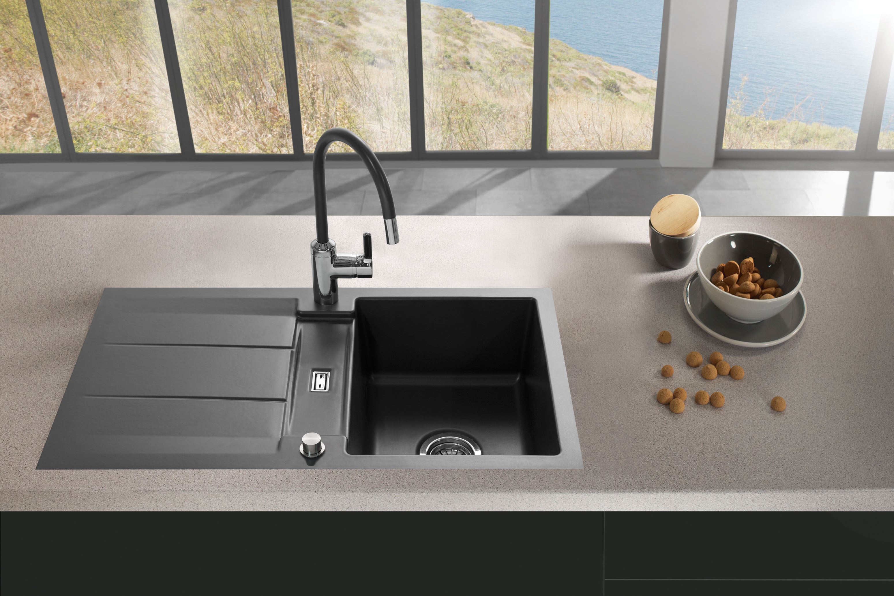 SYSTEMCERAM Einbauspüle Genea 87 F Fango 23 inkl. Handbetätigung, für 50 cm Schrankbreite, Spüle zum flächenbündigen Einbau, inkl. 4 x Eckradien R 10 Auflage reversibel 55910123