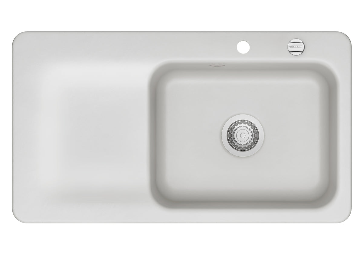 SYSTEMCERAM Einbauspüle Juna 90 F Be. Re. Satin 20 inkl. Excenterbetätigung, für 60 cm Schrankbreite, Spüle zum flächenbündigen Einbau Auflage Becken rechts 55140220