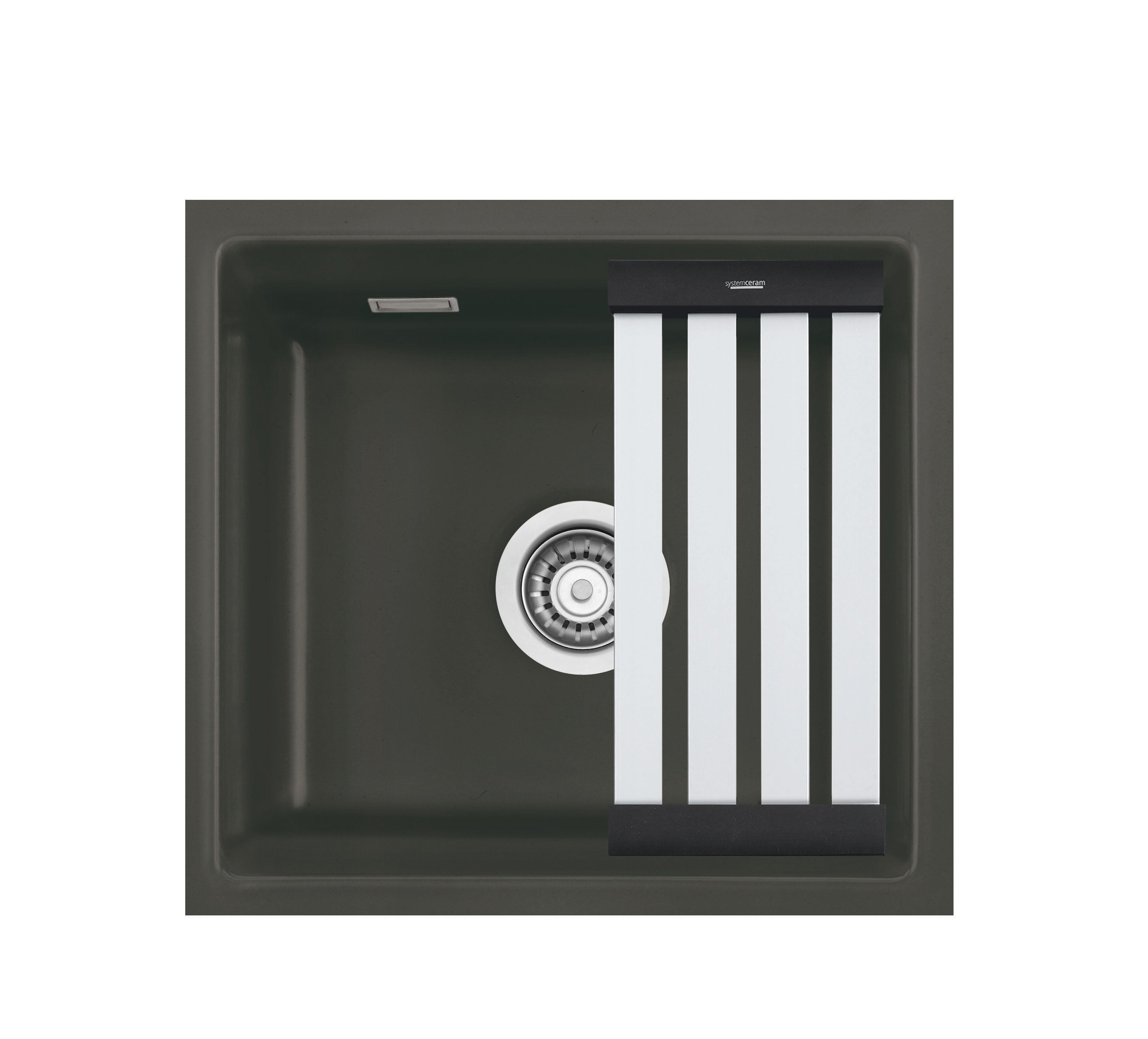 SYSTEMCERAM Einbauspüle Kara 51 F/o Schiefer 85 inkl. Handbetätigung, für 50 cm Schrankbreite, Spüle zum flächenbündigen Einbau ohne Hahnlochbank, mit Medio- Matte Alu, inkl. 4 x Eckradien R 10 Flächenbündig keine Beckenlage 51030185