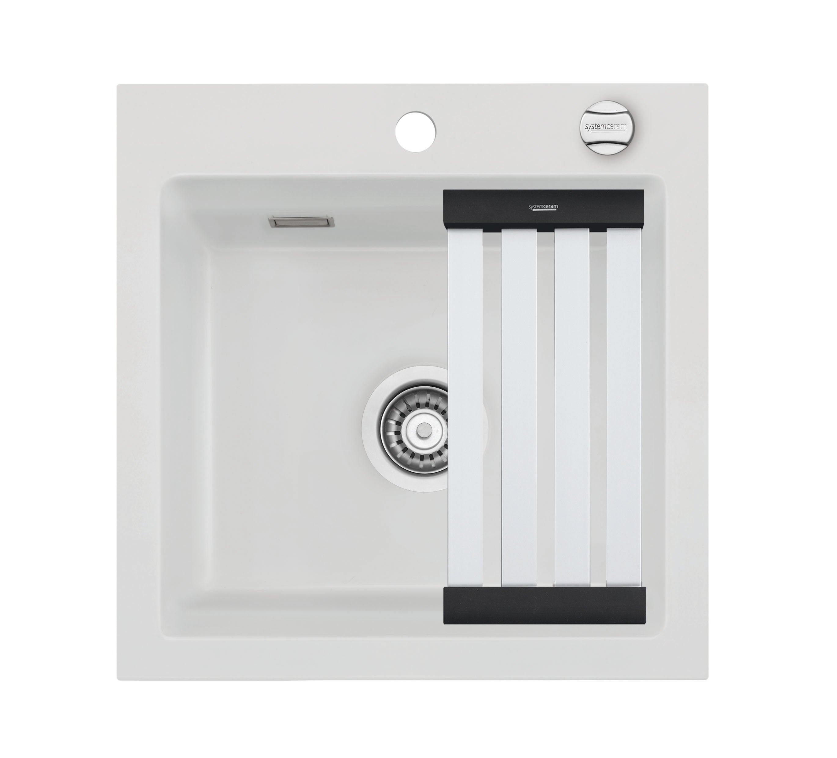 SYSTEMCERAM Einbauspüle Kara 51 F Satin 20 inkl. Handbetätigung, für 50 cm Schrankbreite, Spüle zum flächenbündigen Einbau mit Medio-Matte Alu, inkl. 4 x Eckradien R 10 Auflage keine Beckenlage 55030120