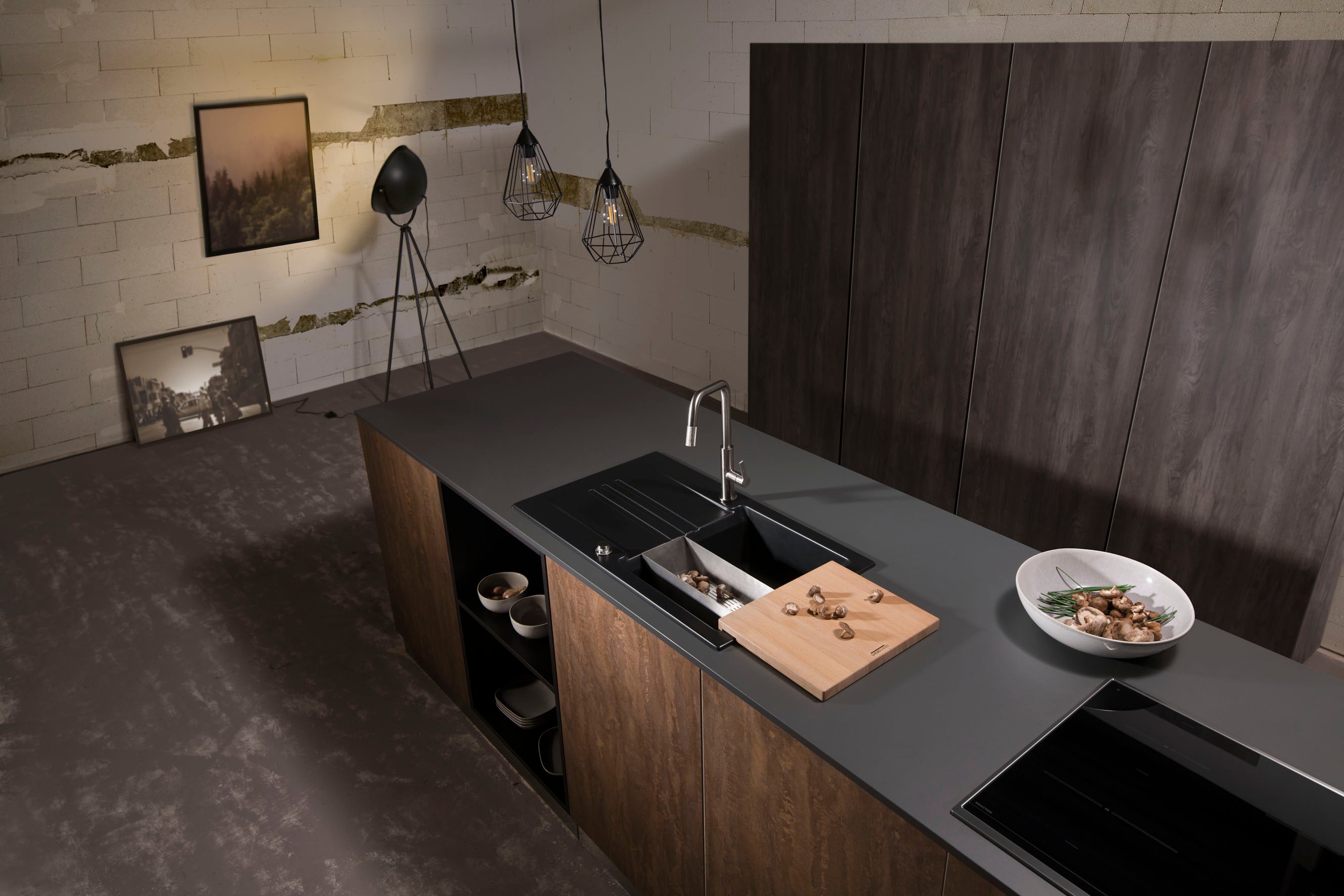 SYSTEMCERAM Einbauspüle Kara 85 Lava 80 inkl. Excenterbetätigung, für 60 cm Schrankbreite, Einbauspüle mit Medio-Matte Alu Auflage reversibel 50000280