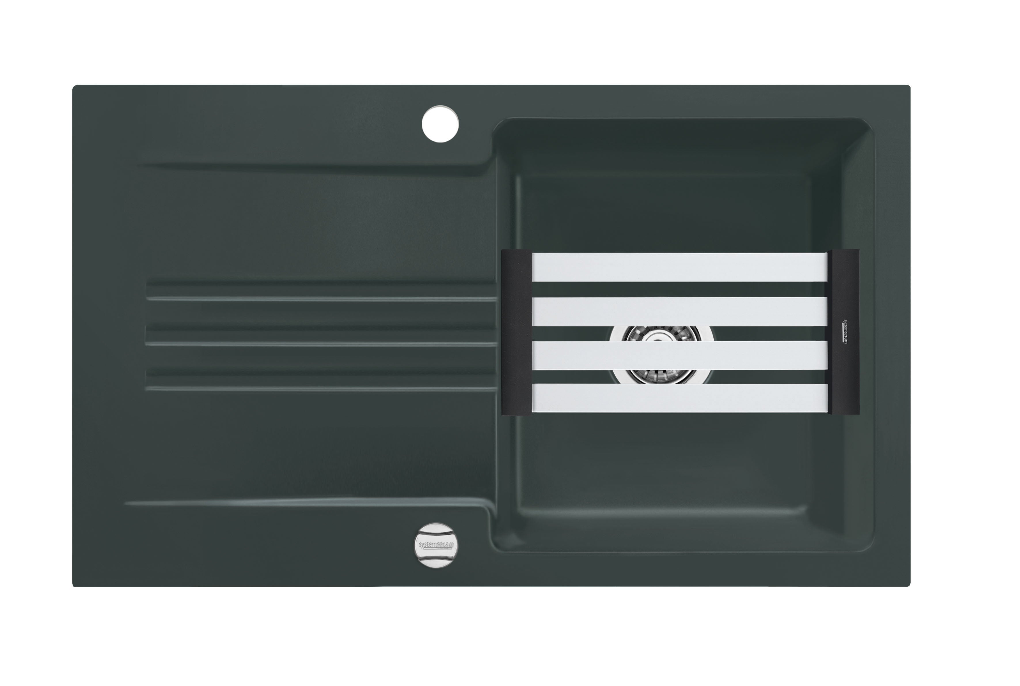 SYSTEMCERAM Einbauspüle Kara 85 F Eibe 56 inkl. Handbetätigung, für 60 cm Schrankbreite, Spüle zum flächenbündigen Einbau mit Medio-Matte Alu, inkl. 4 x Eckradien R 10 Auflage reversibel 55000156