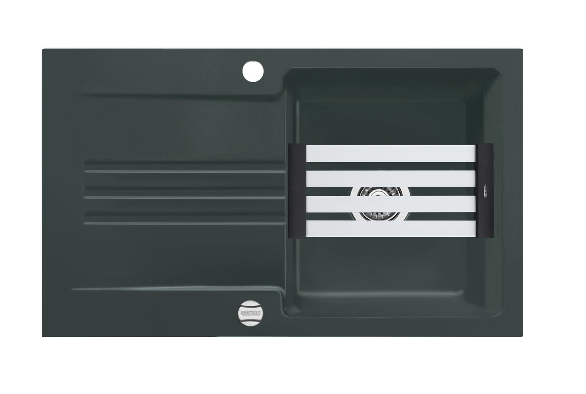 SYSTEMCERAM Einbauspüle Kara 85 F Eibe 56 inkl. Handbetätigung, für 60 cm Schrankbreite, Spüle zum flächenbündigen Einbau mit Medio-Matte Alu, inkl. 4 x Eckradien R 10 Auflage reversibel 55000156
