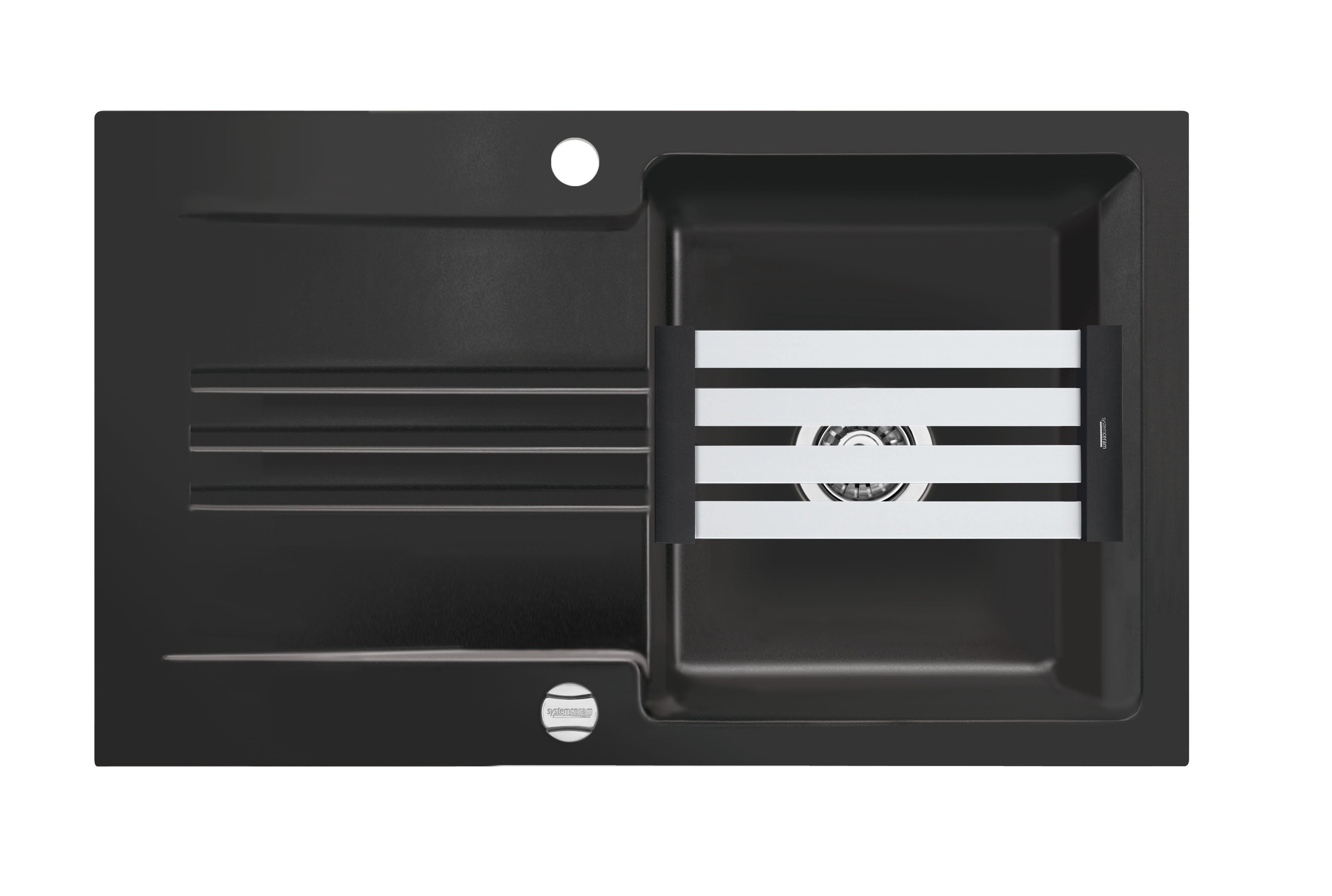 SYSTEMCERAM Einbauspüle Kara 85 F Nero 68 inkl. Excenterbetätigung, für 60 cm Schrankbreite, Spüle zum flächenbündigen Einbau mit Medio-Matte Schwarz, inkl. 4 x Eckradien R 10 Auflage reversibel 55000268
