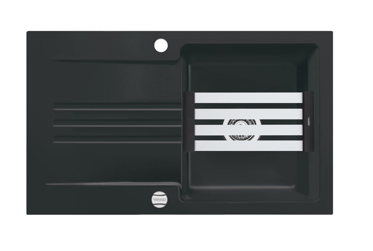 SYSTEMCERAM Einbauspüle Kara 85 F Nigra 87 inkl. Handbetätigung, für 60 cm Schrankbreite, Spüle zum flächenbündigen Einbau mit Medio-Matte Schwarz, inkl. 4 x Eckradien R 10 Auflage reversibel 55000187