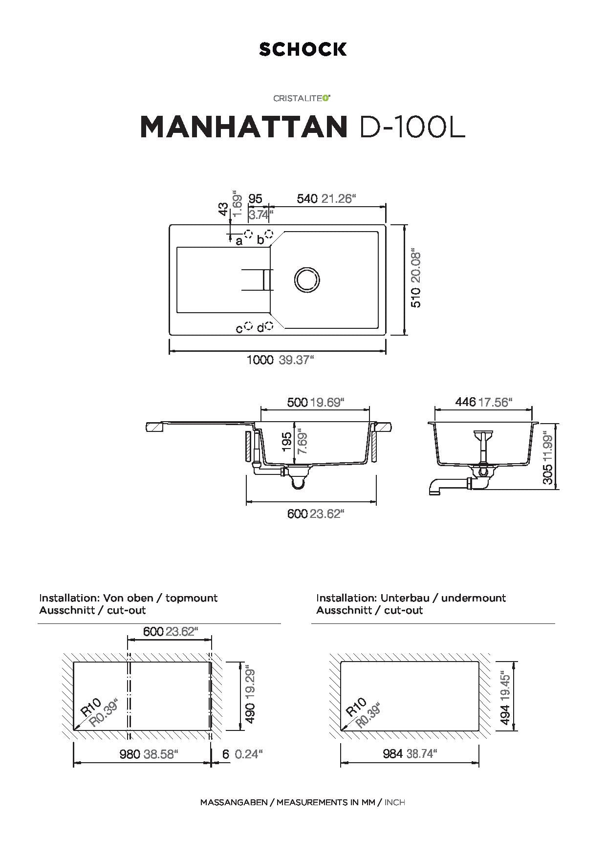 SCHOCK Spüle Auflage Manhattan D-100L-A Cristalite Croma MAND100LAGCR