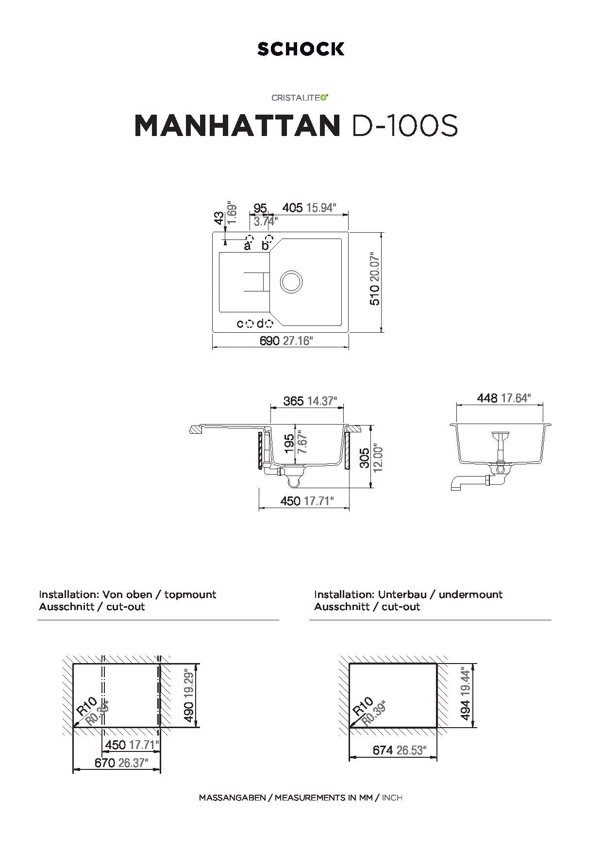 SCHOCK Spüle Unterbau Manhattan D-100S-U Cristalite Onyx MAND100SUGON