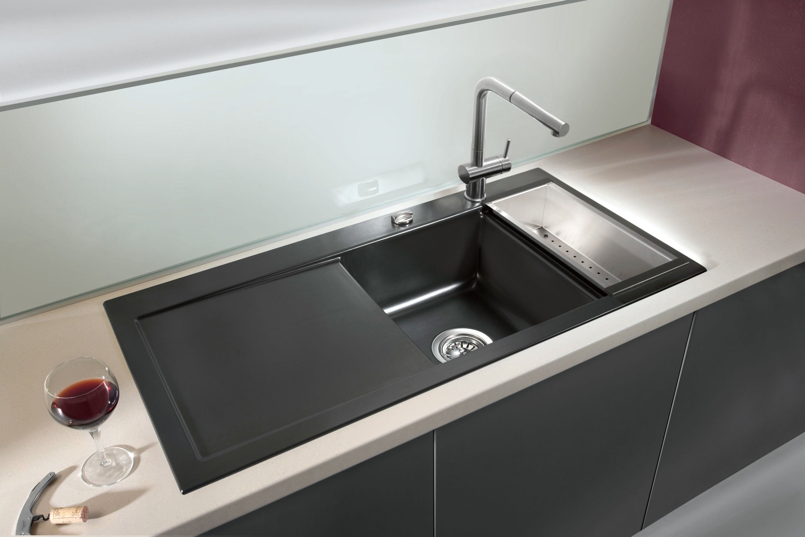 SYSTEMCERAM Einbauspüle Mera 100 Be. Re. Grönland 12 inkl. Excenterbetätigung, für 60 cm Schrankbreite, Einbauspüle Auflage Becken rechts 50760212