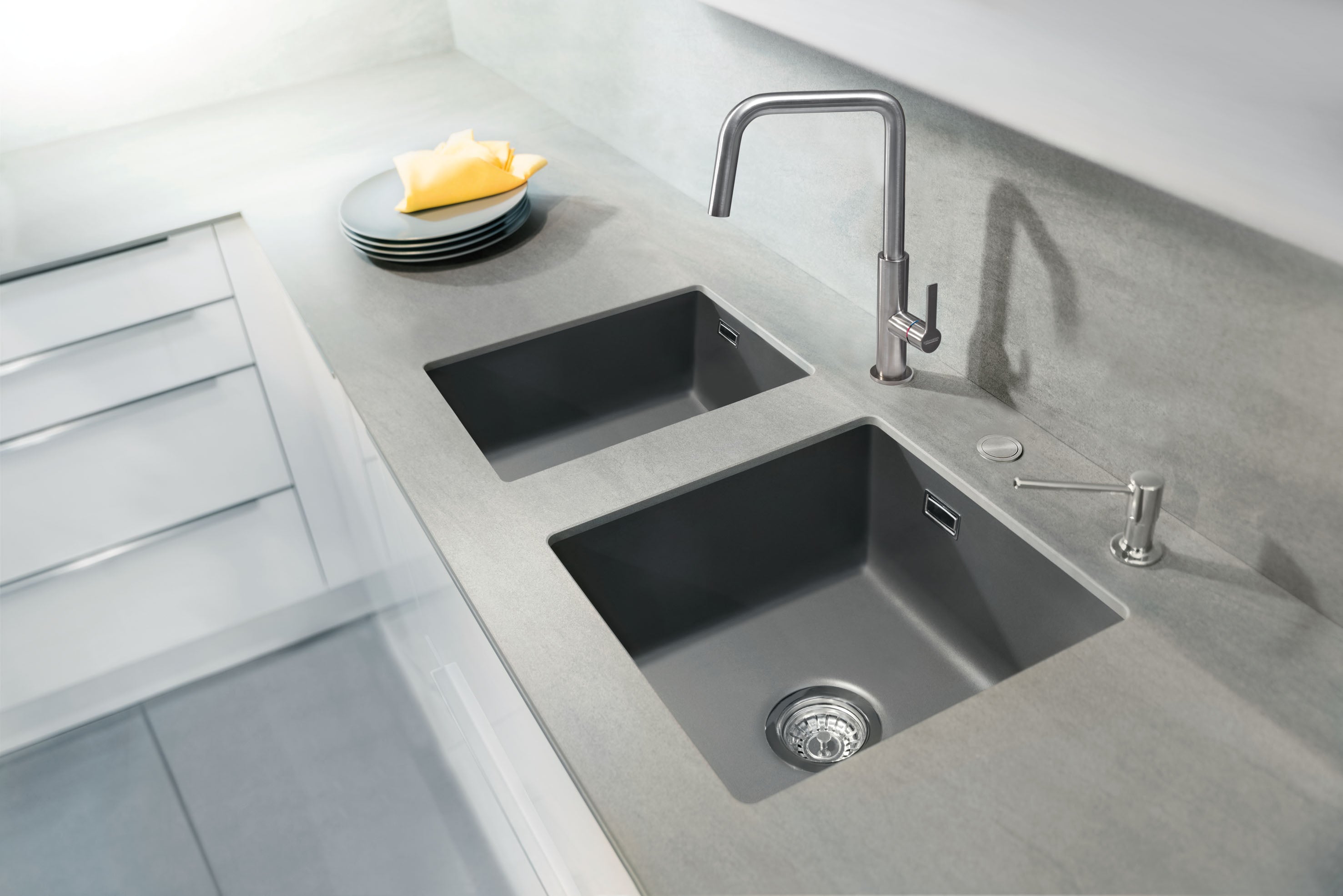 SYSTEMCERAM Einbauspüle Mera 32 U/g Satin 20 inkl. Handbetätigung, für 45 cm Schrankbreite, Spüle zum Unterbau mit geschliffener Oberseite Unterbau keine Beckenlage 54610120