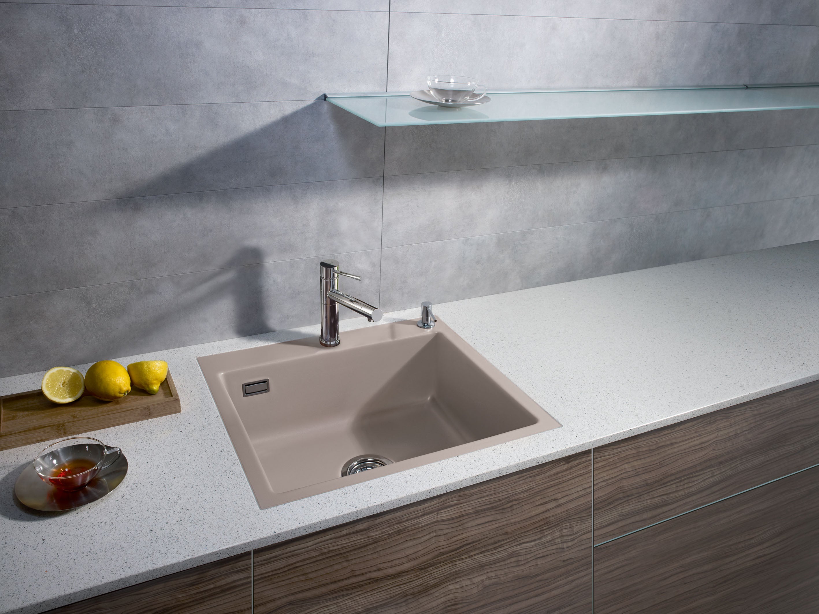 SYSTEMCERAM Einbauspüle Mera 57 F Magnolie 10 inkl. Excenterbetätigung, für 60 cm Schrankbreite, Spüle zum flächenbündigen Einbau, inkl. 4 x Eckradien R 10 Auflage keine Beckenlage 55570210