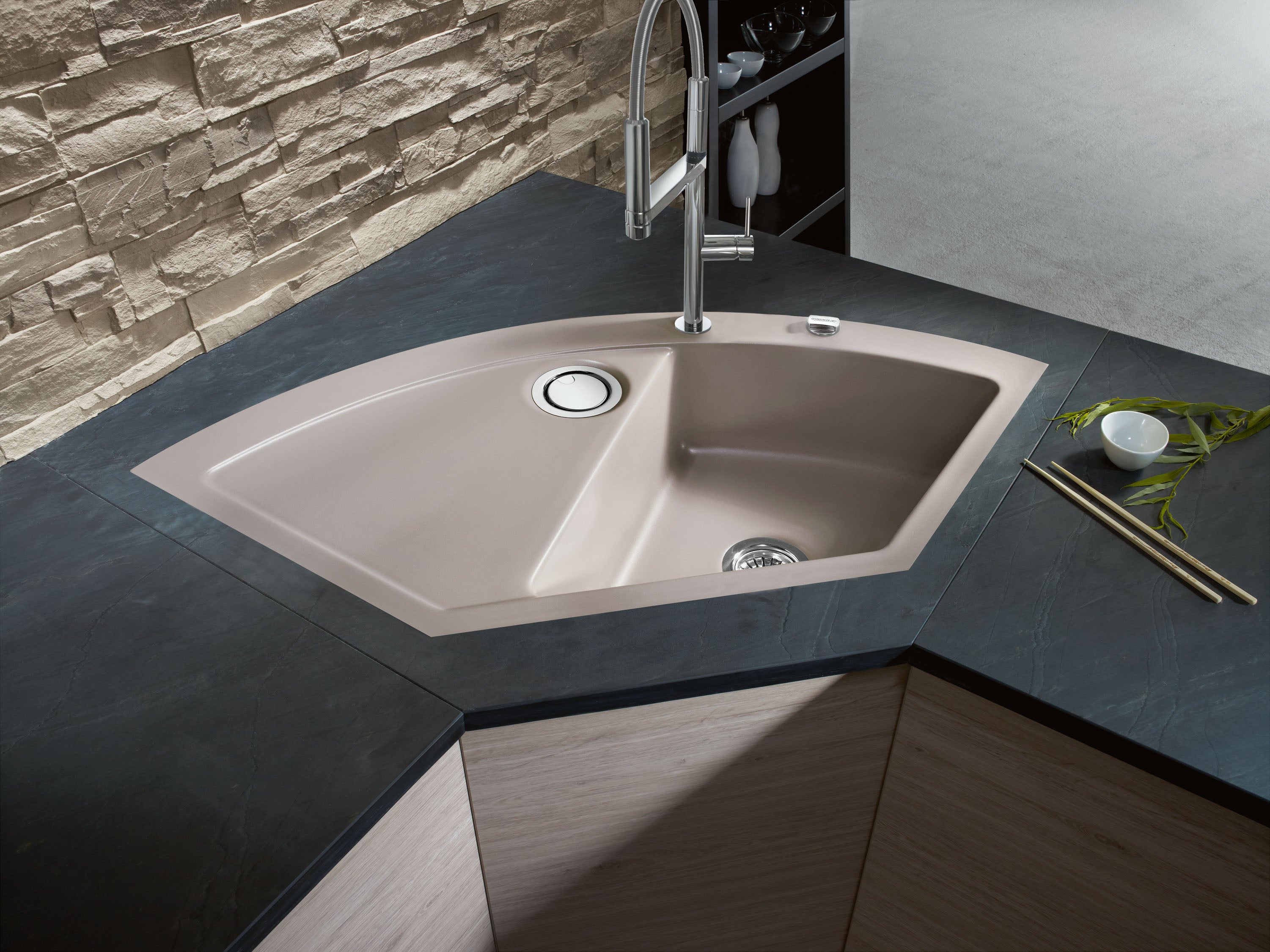 SYSTEMCERAM Einbauspüle Mera Eck F Alu 76 inkl. Excenterbetätigung, für 90 cm Schrankbreite, Spüle zum flächenbündigen Einbau mit Sinktop Resteausguss Auflage keine Beckenlage 55510276