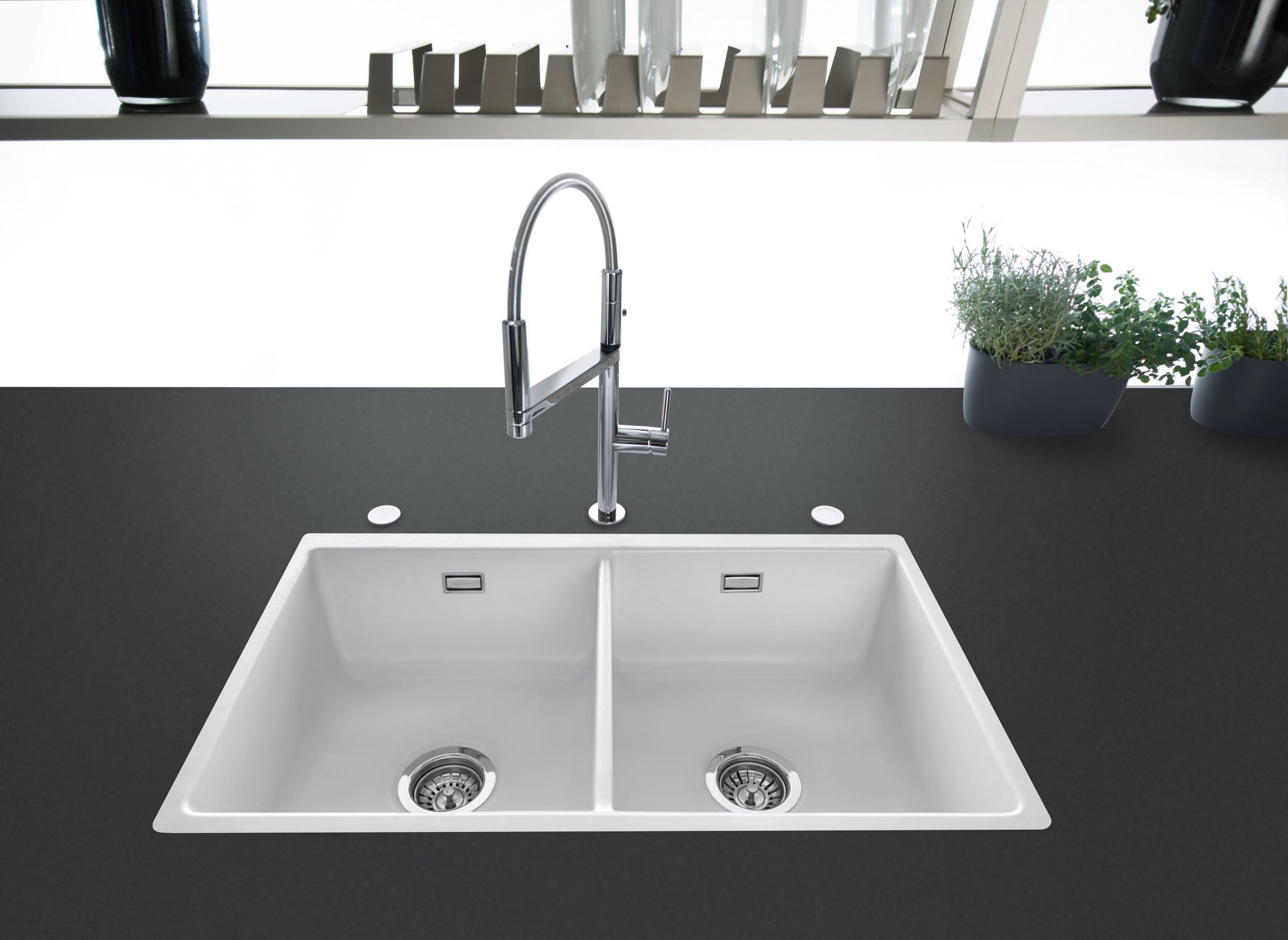 SYSTEMCERAM Einbauspüle Mera Twin F/o Polar 13 inkl. Excenterbetätigung, für 90 cm Schrankbreite, Spüle zum flächenbündigen Einbau ohne Hahnlochbank, inkl. 4 x Eckradien R 10 Flächenbündig keine Beckenlage 51620213