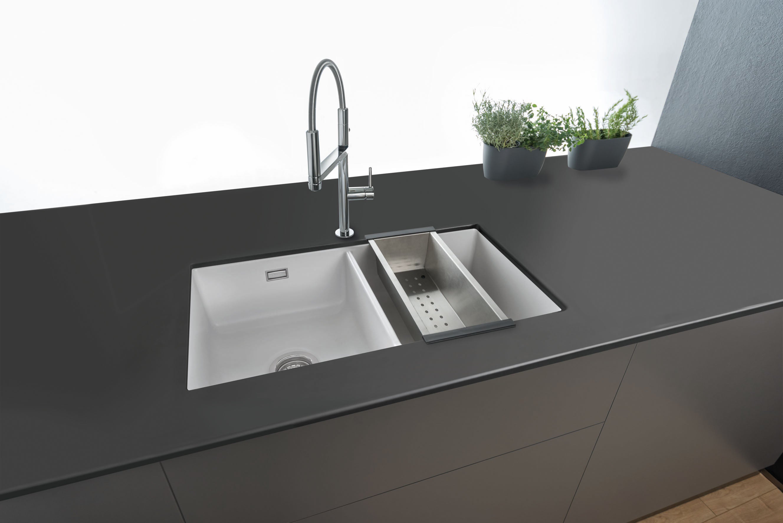 SYSTEMCERAM Einbauspüle Mera Twin U/g Siena 65 inkl. Excenterbetätigung, für 90 cm Schrankbreite, Spüle zum Unterbau mit geschliffener Oberseite Unterbau keine Beckenlage 54620265