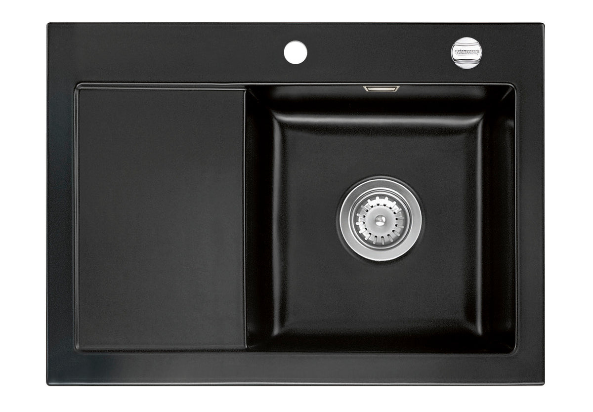SYSTEMCERAM Einbauspüle Mera 70 F Be. Re. Nero 68 inkl. Excenterbetätigung, für 45 cm Schrankbreite, Spüle zum flächenbündigen Einbau, inkl. 4 x Eckradien R 10 Auflage Becken rechts 55580268