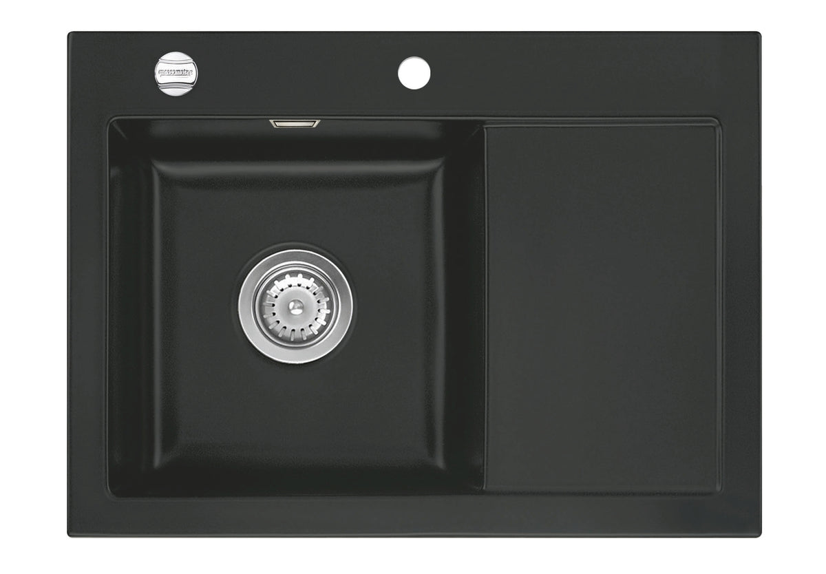 SYSTEMCERAM Einbauspüle Mera 70 F Be. Li. Nigra 87 inkl. Excenterbetätigung, für 45 cm Schrankbreite, Spüle zum flächenbündigen Einbau, inkl. 4 x Eckradien R 10 Auflage Becken links 55590287