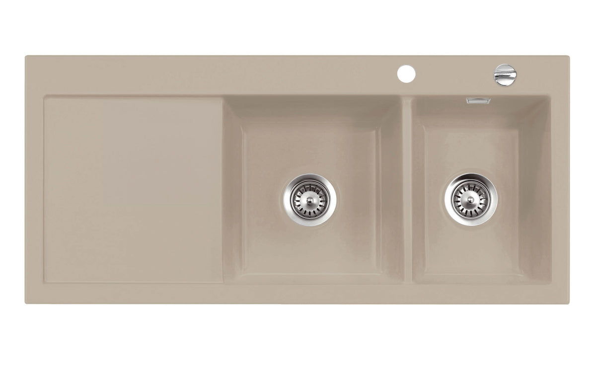 SYSTEMCERAM Einbauspüle Mera Double Be. Re. Fango 23 inkl. Handbetätigung, für 80 cm Schrankbreite, Einbauspüle Auflage Becken rechts 50780123