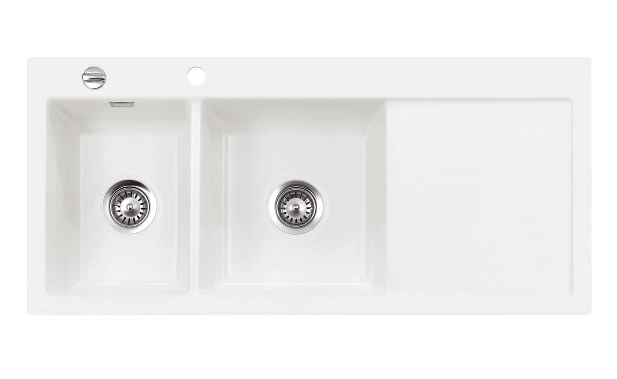 SYSTEMCERAM Einbauspüle Mera Double Be. Li. Polar 13 inkl. Handbetätigung, für 80 cm Schrankbreite, Einbauspüle Auflage Becken links 50790113