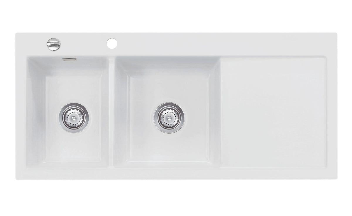 SYSTEMCERAM Einbauspüle Mera Double Be. Li. Satin 20 inkl. Handbetätigung, für 80 cm Schrankbreite, Einbauspüle Auflage Becken links 50790120