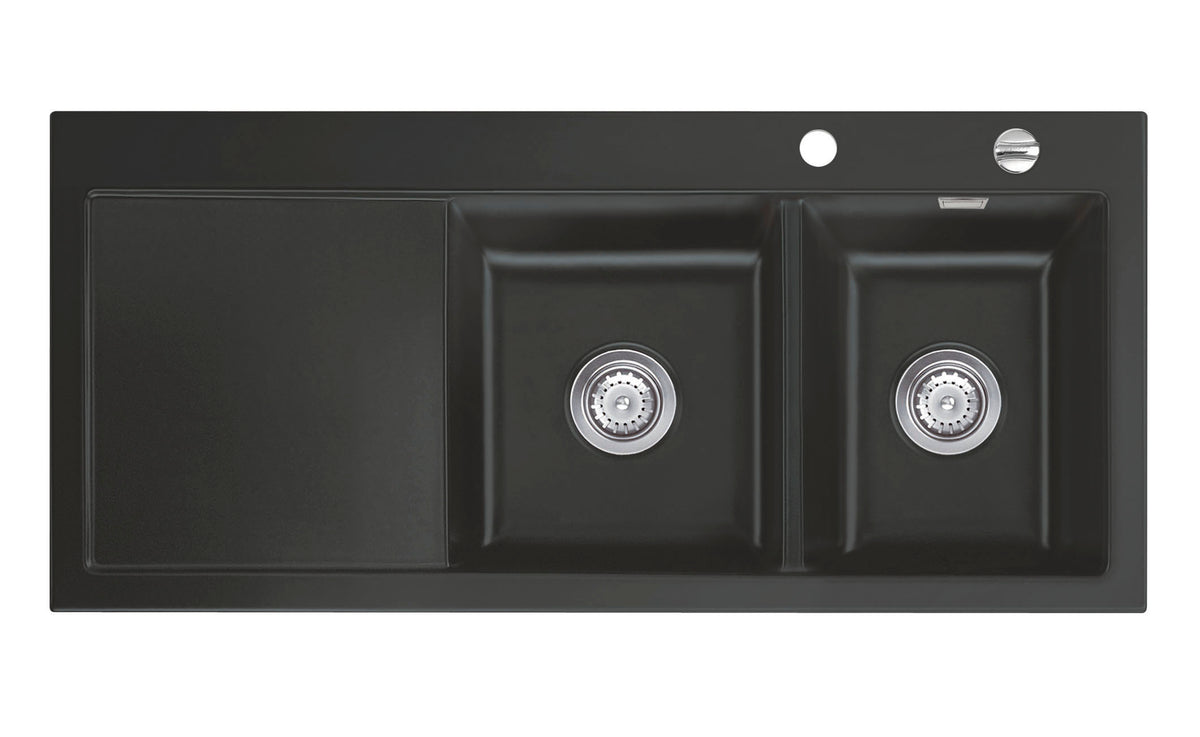 SYSTEMCERAM Einbauspüle Mera Double Be. Re. Schiefer 85 inkl. Excenterbetätigung, für 80 cm Schrankbreite, Einbauspüle Auflage Becken rechts 50780285