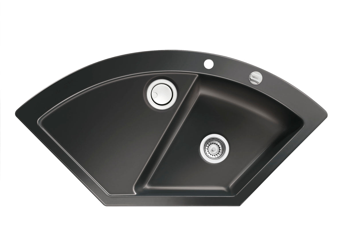 SYSTEMCERAM Einbauspüle Mera Eck F Nero 68 inkl. Excenterbetätigung, für 90 cm Schrankbreite, Spüle zum flächenbündigen Einbau mit Sinktop Resteausguss Auflage keine Beckenlage 55510268