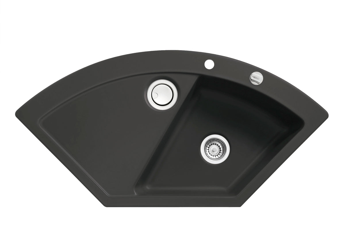 SYSTEMCERAM Einbauspüle Mera Eck Nigra 87 inkl. Excenterbetätigung, für 90 cm Schrankbreite, Einbauspüle mit Sinktop Resteausguss Auflage keine Beckenlage 50510287