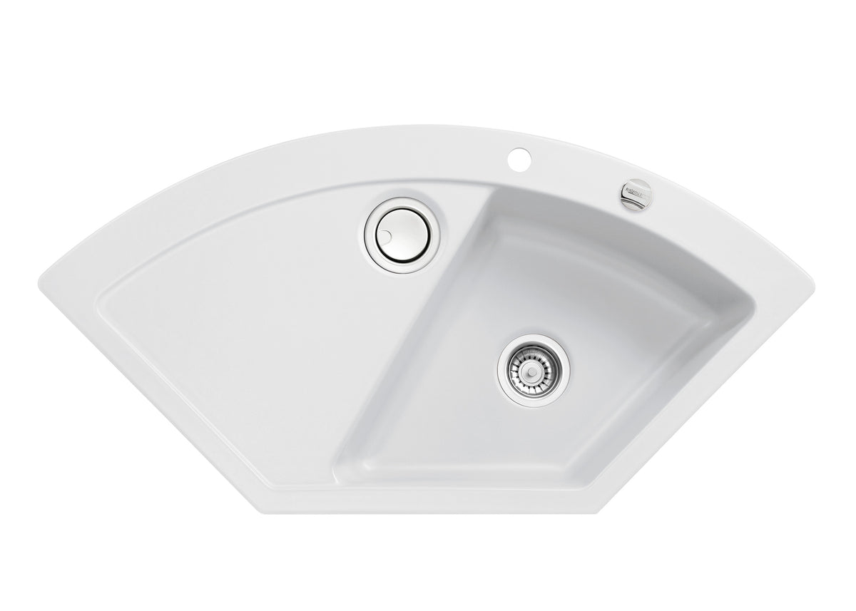 SYSTEMCERAM Einbauspüle Mera Eck F Satin 20 inkl. Handbetätigung, für 90 cm Schrankbreite, Spüle zum flächenbündigen Einbau mit Sinktop Resteausguss Auflage keine Beckenlage 55510120