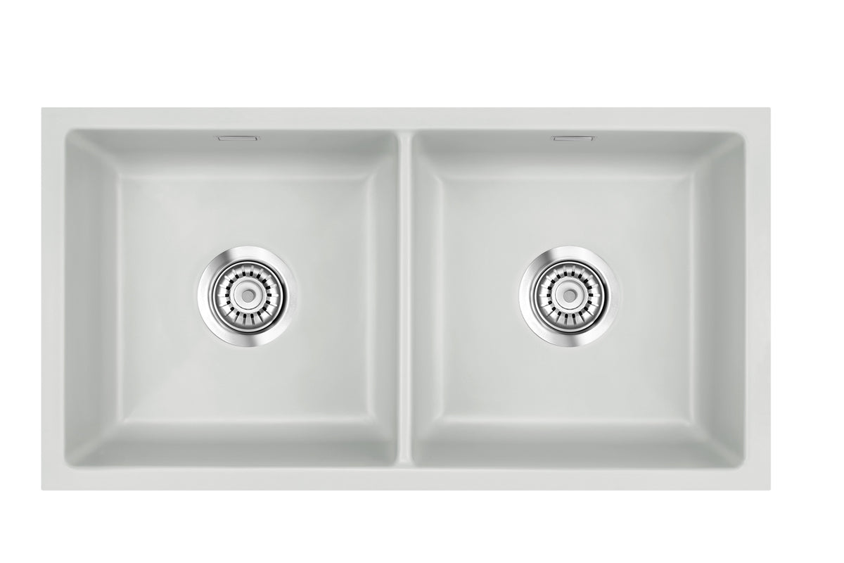 SYSTEMCERAM Einbauspüle Mera Twin F/o Alu 76 inkl. Excenterbetätigung, für 90 cm Schrankbreite, Spüle zum flächenbündigen Einbau ohne Hahnlochbank, inkl. 4 x Eckradien R 10 Flächenbündig keine Beckenlage 51620276