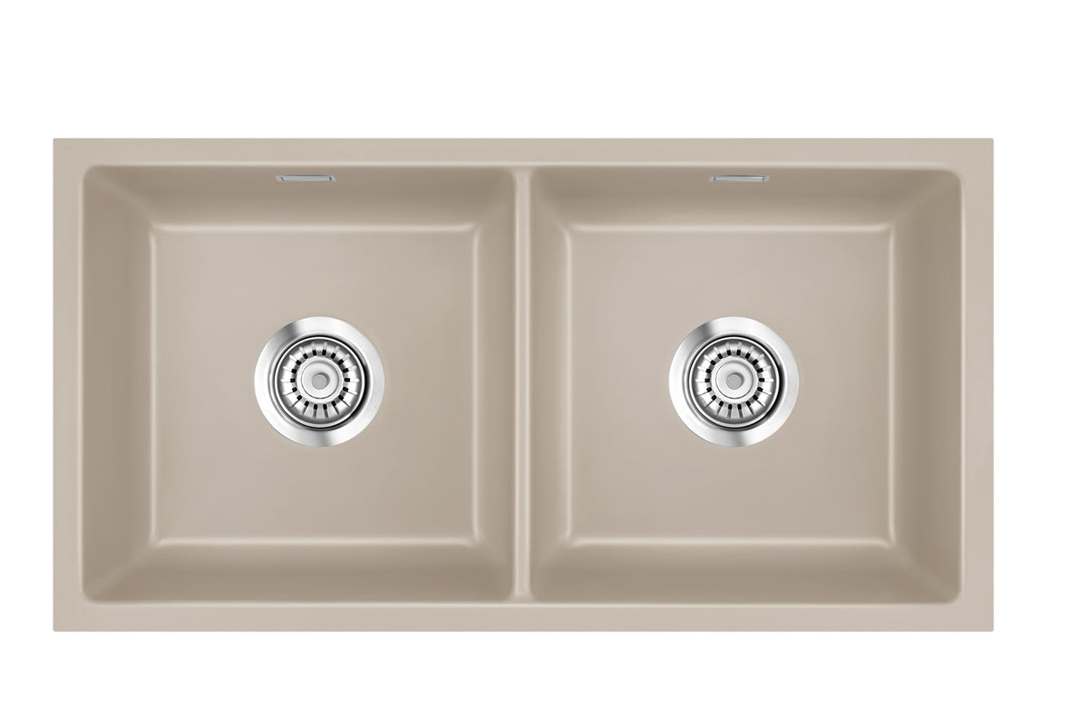 SYSTEMCERAM Einbauspüle Mera Twin F/o Fango 23 inkl. Excenterbetätigung, für 90 cm Schrankbreite, Spüle zum flächenbündigen Einbau ohne Hahnlochbank, inkl. 4 x Eckradien R 10 Flächenbündig keine Beckenlage 51620223