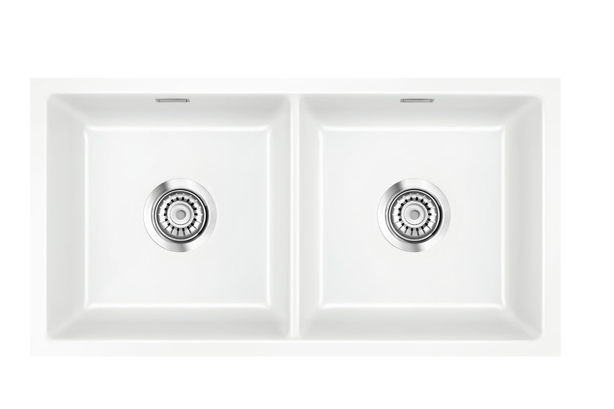 SYSTEMCERAM Einbauspüle Mera Twin F/o Grönland 12 inkl. Excenterbetätigung, für 90 cm Schrankbreite, Spüle zum flächenbündigen Einbau ohne Hahnlochbank, inkl. 4 x Eckradien R 10 Flächenbündig keine Beckenlage 51620212