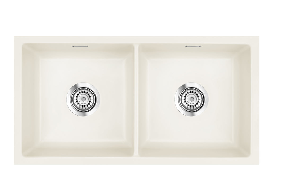 SYSTEMCERAM Einbauspüle Mera Twin F/o Jasmin 19 inkl. Handbetätigung, für 90 cm Schrankbreite, Spüle zum flächenbündigen Einbau ohne Hahnlochbank, inkl. 4 x Eckradien R 10 Flächenbündig keine Beckenlage 51620119