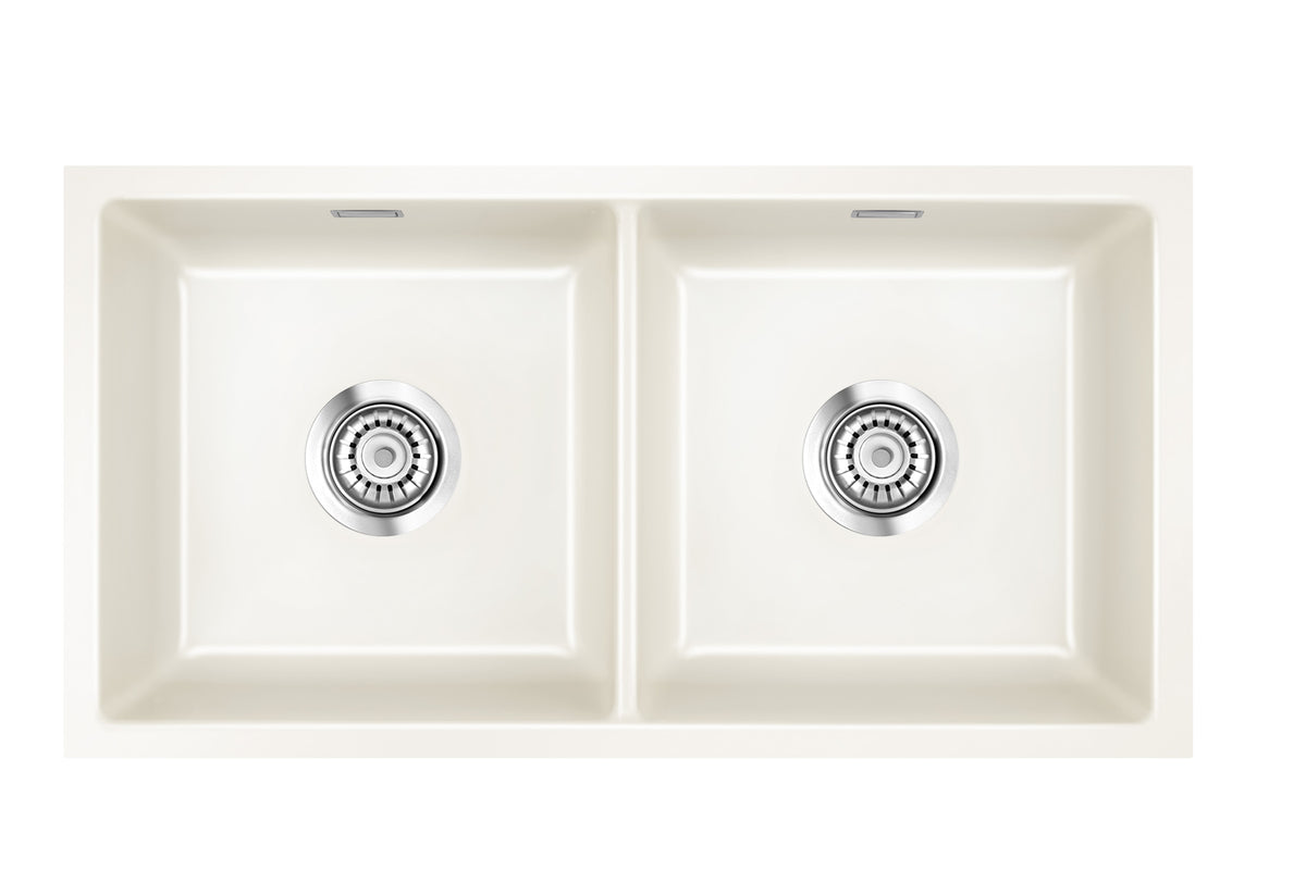 SYSTEMCERAM Einbauspüle Mera Twin F/o Magnolie 10 inkl. Handbetätigung, für 90 cm Schrankbreite, Spüle zum flächenbündigen Einbau ohne Hahnlochbank, inkl. 4 x Eckradien R 10 Flächenbündig keine Beckenlage 51620110