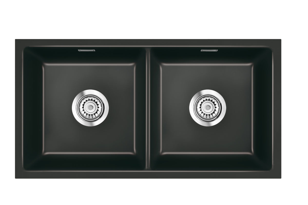 SYSTEMCERAM Einbauspüle Mera Twin F/o Nero 68 inkl. Excenterbetätigung, für 90 cm Schrankbreite, Spüle zum flächenbündigen Einbau ohne Hahnlochbank, inkl. 4 x Eckradien R 10 Flächenbündig keine Beckenlage 51620268