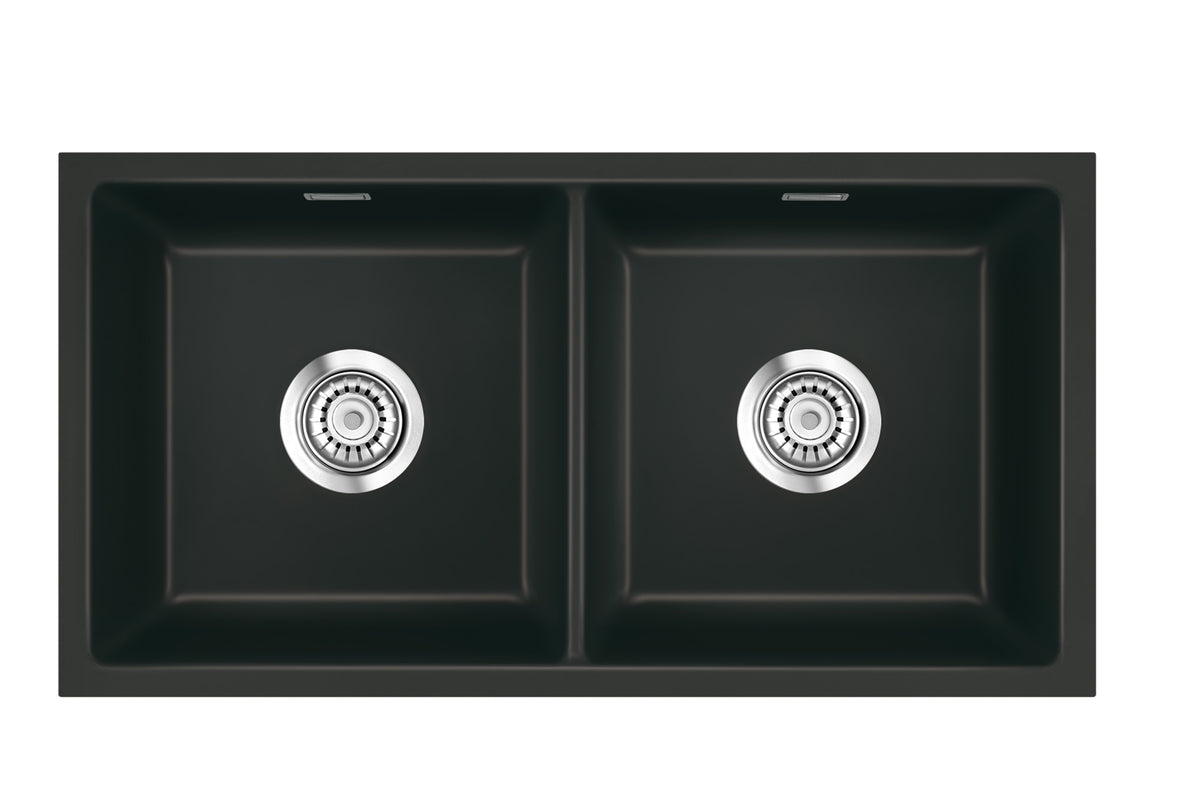 SYSTEMCERAM Einbauspüle Mera Twin F/o Nigra 87 inkl. Excenterbetätigung, für 90 cm Schrankbreite, Spüle zum flächenbündigen Einbau ohne Hahnlochbank, inkl. 4 x Eckradien R 10 Flächenbündig keine Beckenlage 51620287