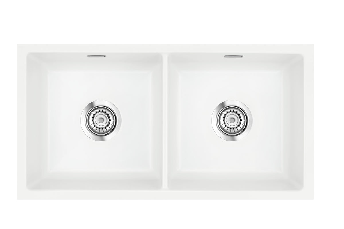 SYSTEMCERAM Einbauspüle Mera Twin F/o Polar 13 inkl. Excenterbetätigung, für 90 cm Schrankbreite, Spüle zum flächenbündigen Einbau ohne Hahnlochbank, inkl. 4 x Eckradien R 10 Flächenbündig keine Beckenlage 51620213
