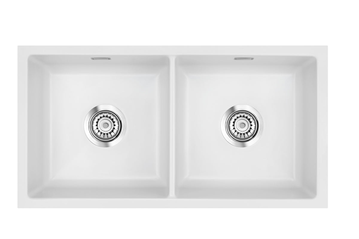 SYSTEMCERAM Einbauspüle Mera Twin F/o Satin 20 inkl. Handbetätigung, für 90 cm Schrankbreite, Spüle zum flächenbündigen Einbau ohne Hahnlochbank, inkl. 4 x Eckradien R 10 Flächenbündig keine Beckenlage 51620120