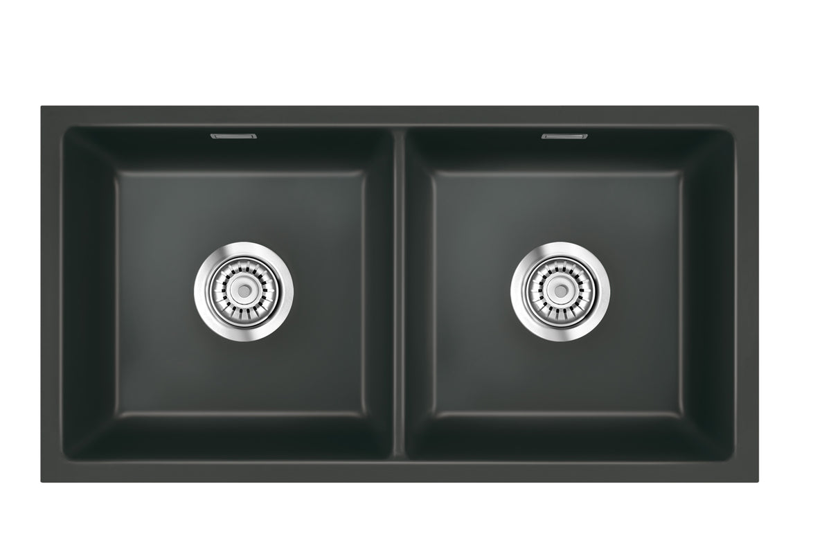 SYSTEMCERAM Einbauspüle Mera Twin F/o Schiefer 85 inkl. Excenterbetätigung, für 90 cm Schrankbreite, Spüle zum flächenbündigen Einbau ohne Hahnlochbank, inkl. 4 x Eckradien R 10 Flächenbündig keine Beckenlage 51620285